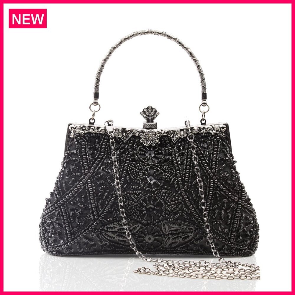 Vintage Beaded Sequin Pearl Evening Clutch with Detachable Chain